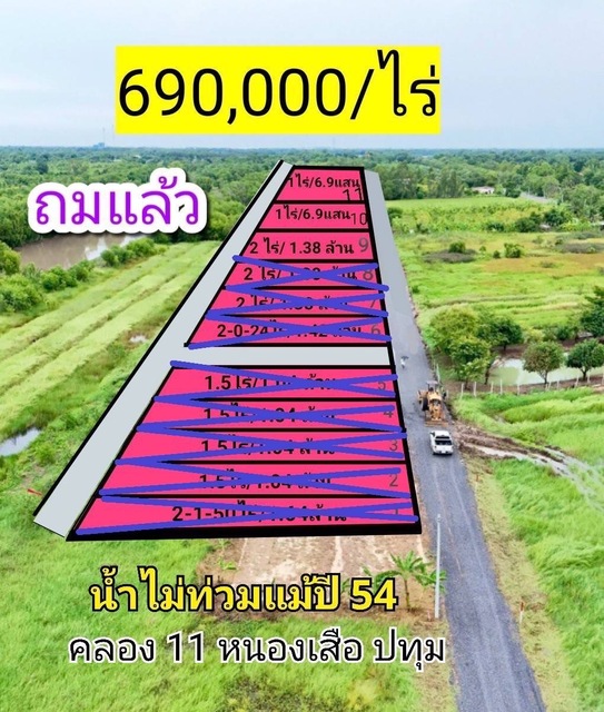 ขายที่ดินถมแล้ว  คลอง 11 หนองเสือ  690,000/ไร่ ที่ดินหน้ากว้าง   .