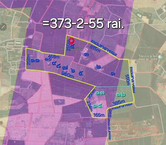 ขายที่ดิน 373-2-55 ไร่ ผังสีม่วงลาย ท่าบุญมี อ.เกาะจันทร์ จ.ชลบุร  .