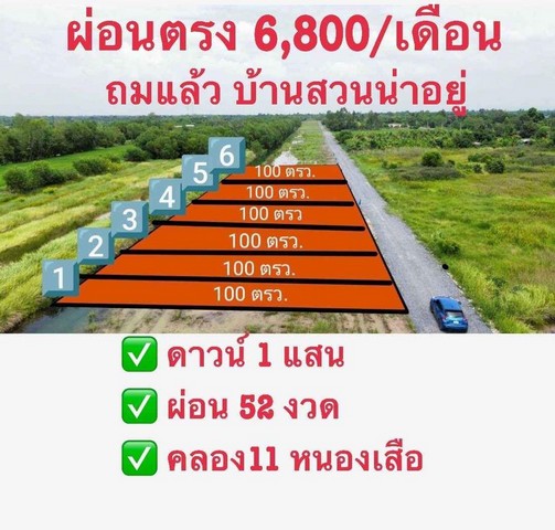 ที่ดินเงินผ่อน คลอง11หนองเสือ 100ตรว. 450,000 ผ่อนนาน52เดือน  .