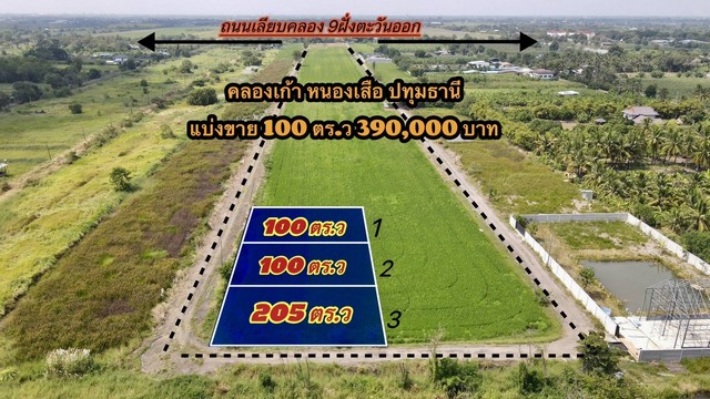 ที่ดินคลอง 9 หนองเสือ ปทุมธานี แบ่ง 100 และ 205 ตารางวา  .