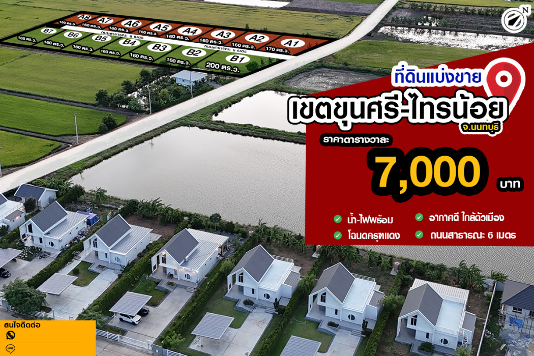 ขาย ที่ดิน ใกล้BigC ไทรน้อย 9กม. ฟาร์มสุขแลนด์ ขุนศรี-ไทรน้อย 1 งาน 60 ตรว ใกล้แหล่งชุมชน