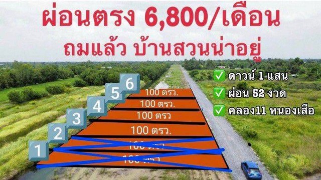 ที่ดินเงินผ่อน คลอง11หนองเสือ ผ่อนนาน52เดือน 100 ตรว.450,000  .