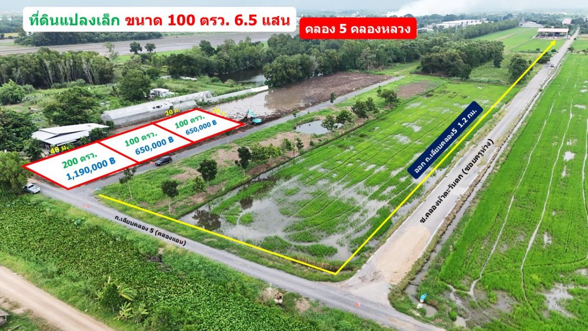 ที่ดินคลอง 5 คลองหลวง ปทุมธานี 100 ตรว. เพียง 6.5 แสน  .