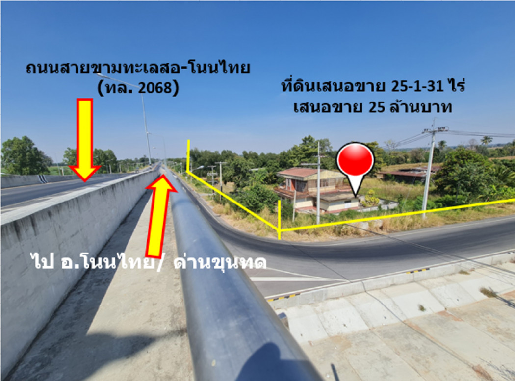 ขาย ที่ดิน ติดถนนสายขามทะเลสอ-โนนไทย  ทล.2068  เชื่อมออกทางหลวงพิเศษ M6 ได้ เนื้อที่ 25 ไร่ 1 งาน 31 ตรว ราคายุติธรรม: PR_aa00000592912