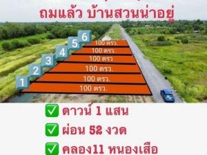 ที่ดินเงินผ่อน คลอง11หนองเสือ 100ตรว. 450,000 ผ่อนนาน52เดือน  .