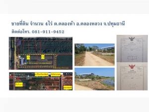 ขายที่ดิน คลอง 5 อำเภอคลองหลวง จังหวัดปทุมธานี เนื้อที่ 4 ไร่  .